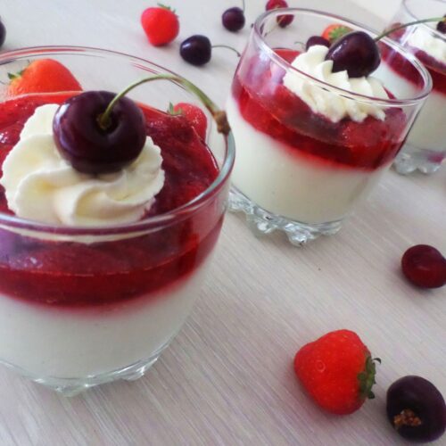 Vanilla Strawberry Pudding serving in cups as Panna Cotta Inspired topped with whipped cream and cherries