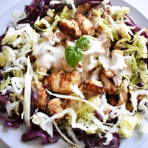 Chicken Shawarma Salad served in a white plate