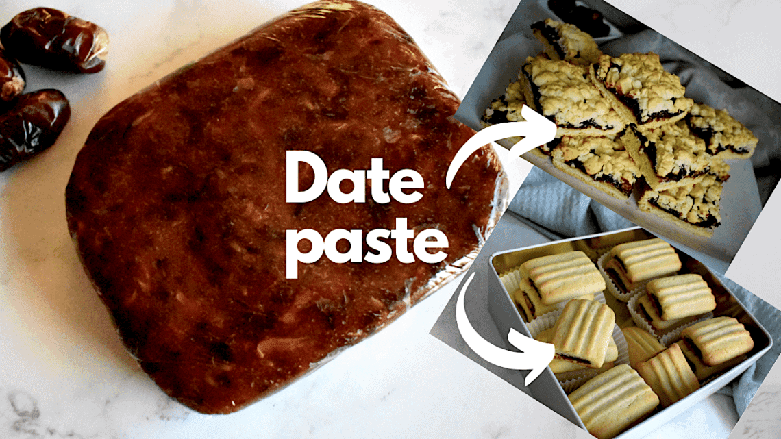 A log of smooth date paste wrapped tightly in plastic wrap, surrounded by whole dates on a light surface.