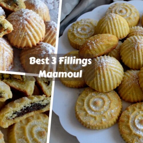 Traditional Best 3 Maamoul Fillings served on a white plate, dusted with powdered sugar