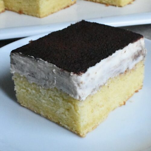 A piece of tiramisu cake served in a white plate